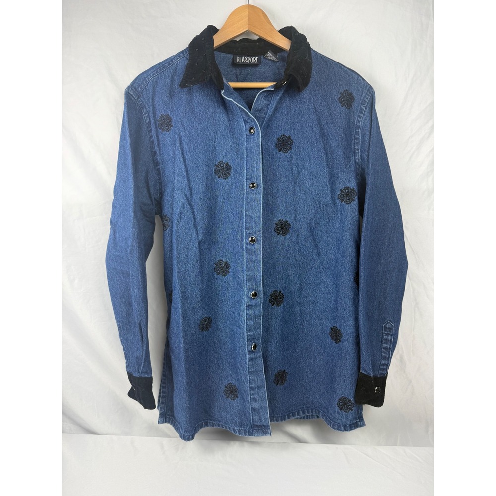 Blassport Denim Shirt Womens Medium Blue Embroidered Velvet Collar Beaded Cotton